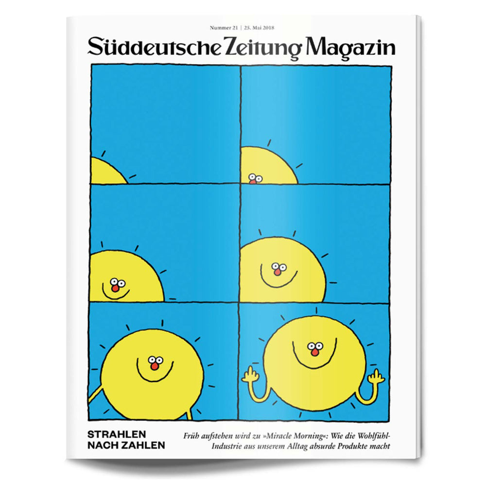 Auf dem Titelbild des Süddeutsche Zeitung Magazins geht in sechs Tafeln lächelnd und winkend die Karikatursonne auf.