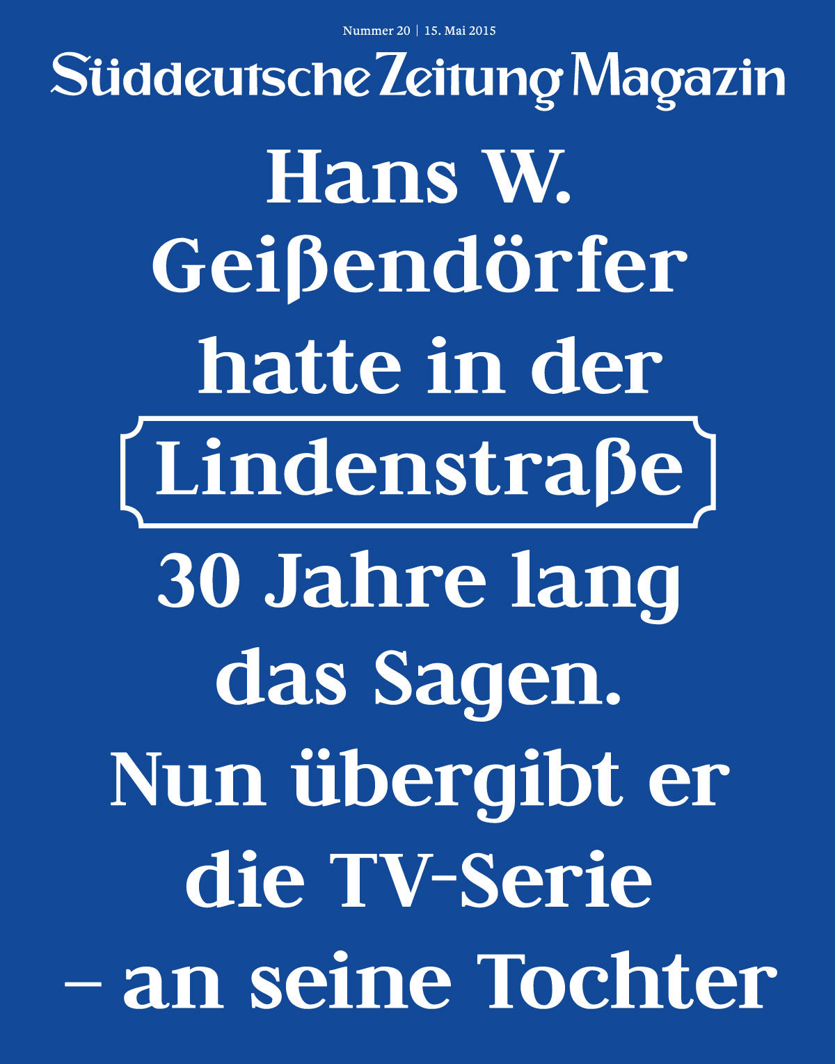 Blauer Umschlag mit deutschem Text über Hans W. Geißendörfer bei der Übergabe der Lindenstraße an seine Tochter.