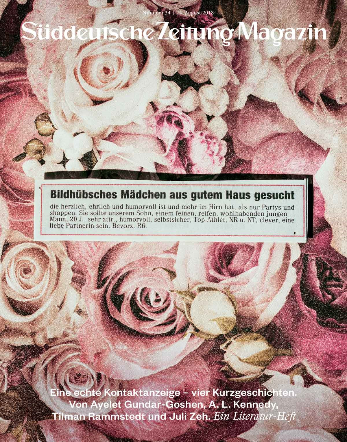 Titelblatt des Süddeutsche Zeitung Magazins mit rosafarbenen Rosen und einem Ausschnitt aus einer deutschen Kontaktanzeige in der Mitte.