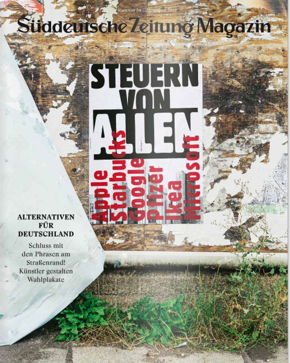 Plakat an einer verwitterten Wand mit einer Auflistung großer Marken unter Steuern von Allen auf dem Cover des Süddeutsche Zeitung Magazins.