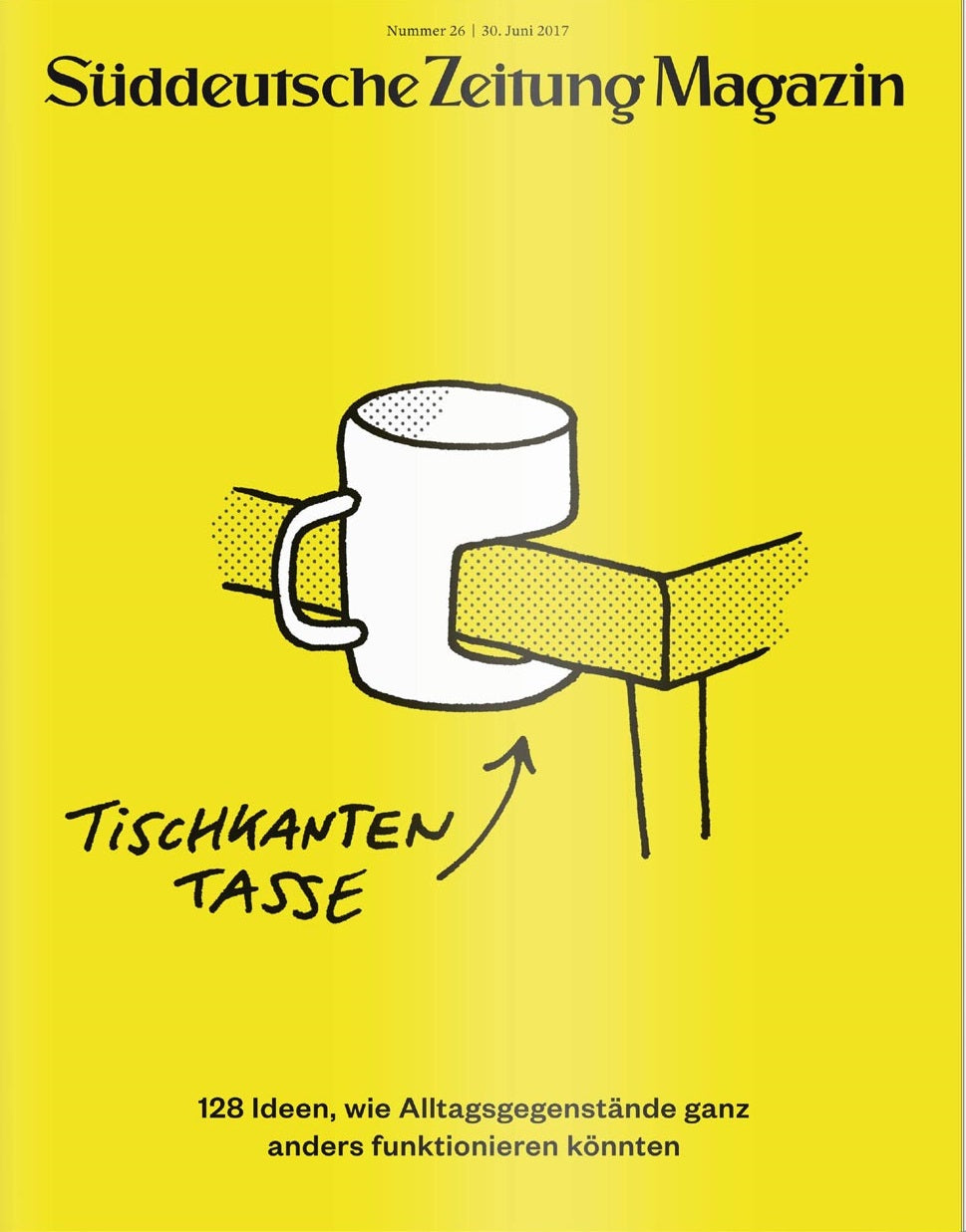 Illustration eines Bechers, der auf einer Tischkante balanciert, mit deutschem Text auf leuchtend gelbem Hintergrund.