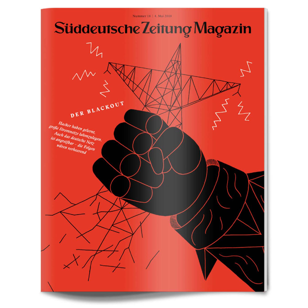 Eine schwarze Faust zertrümmert einen Hochspannungsmast auf einem roten Cover des Süddeutsche Zeitung Magazins.