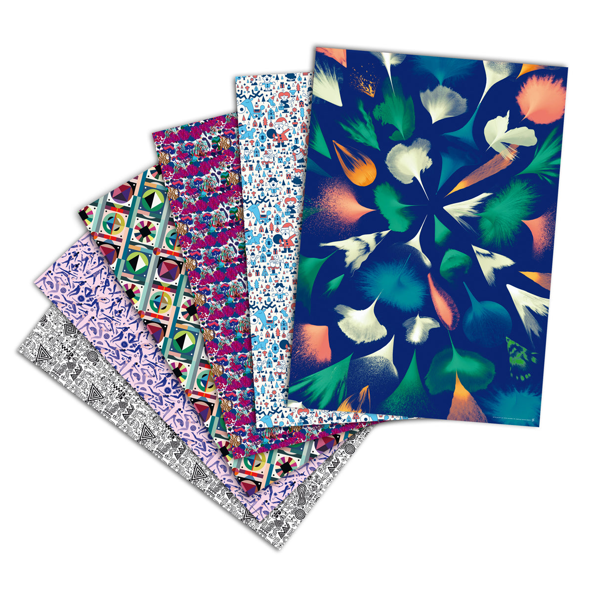 Fünf bunt gemusterte Blätter, aufgefächert, jedes mit einem eigenen geometrischen oder floralen Design.