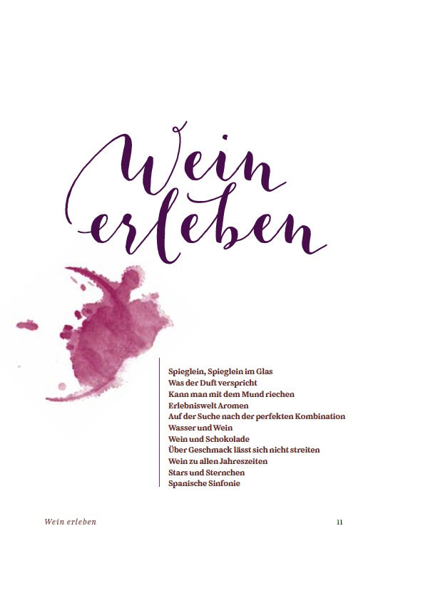 Text „Wein erleben“ in violetter Schrift, violetter Weinfleck und darunter eine Liste mit Themen rund um Wein.