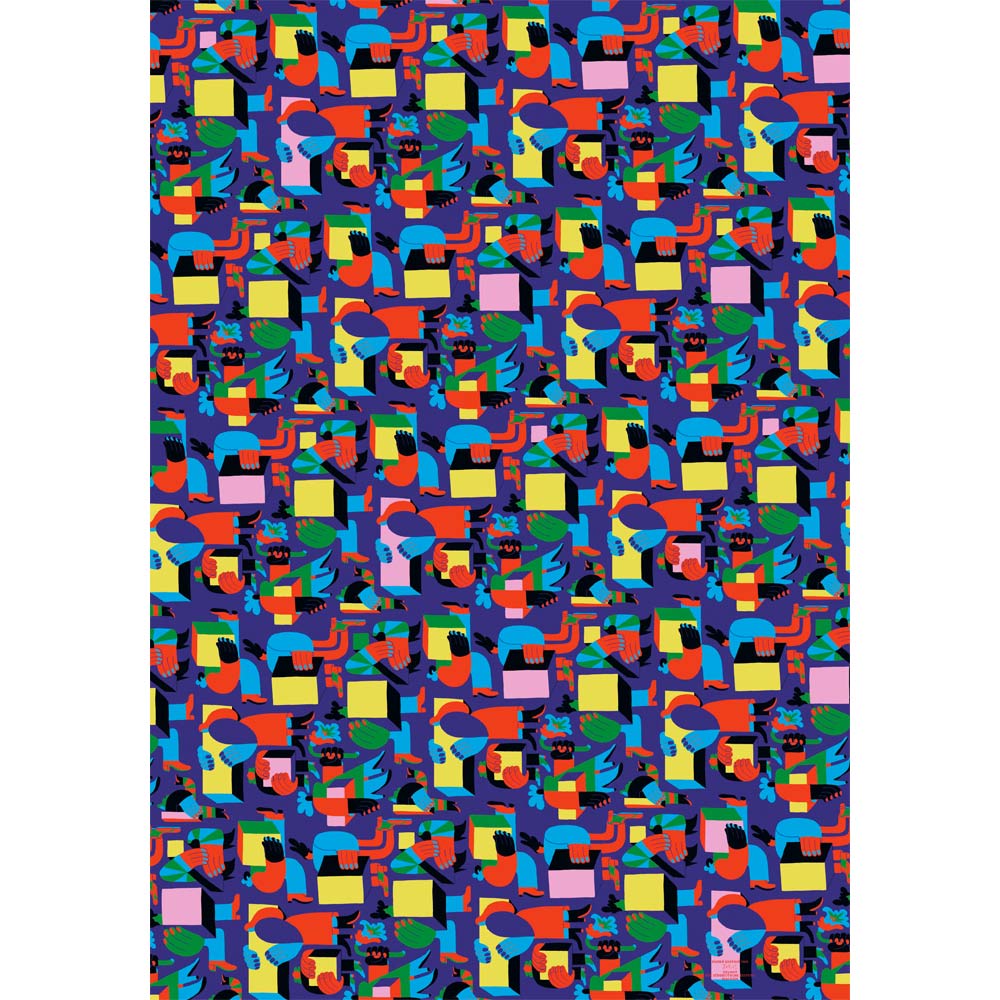 Buntes geometrisches Muster mit abstrakten Formen, Quadraten und tierähnlichen Gestalten auf blauem Hintergrund.