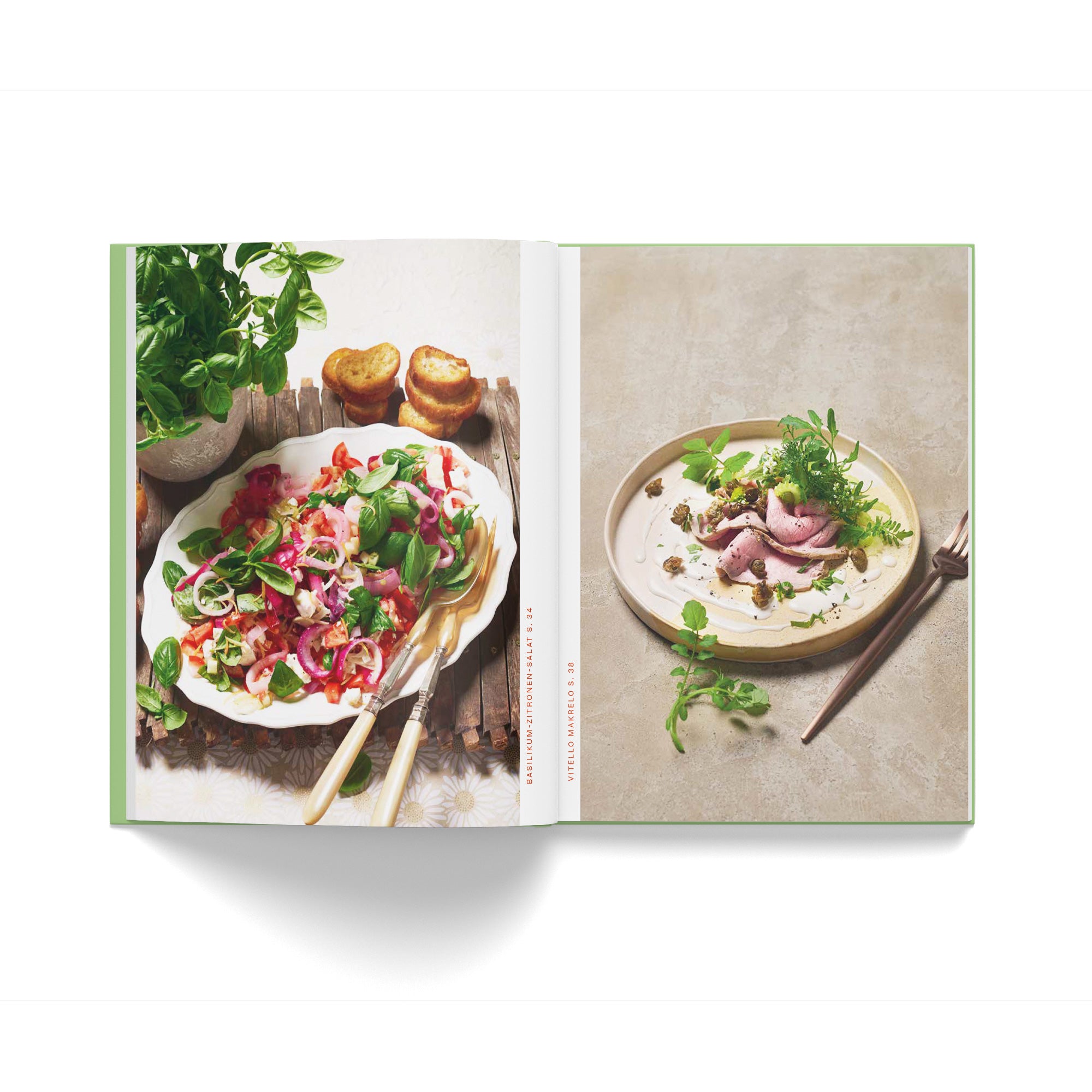 Aufgeschlagenes Kochbuch mit einem bunten Salat auf der linken Seite und einem Fleischgericht auf dem Teller auf der rechten Seite.