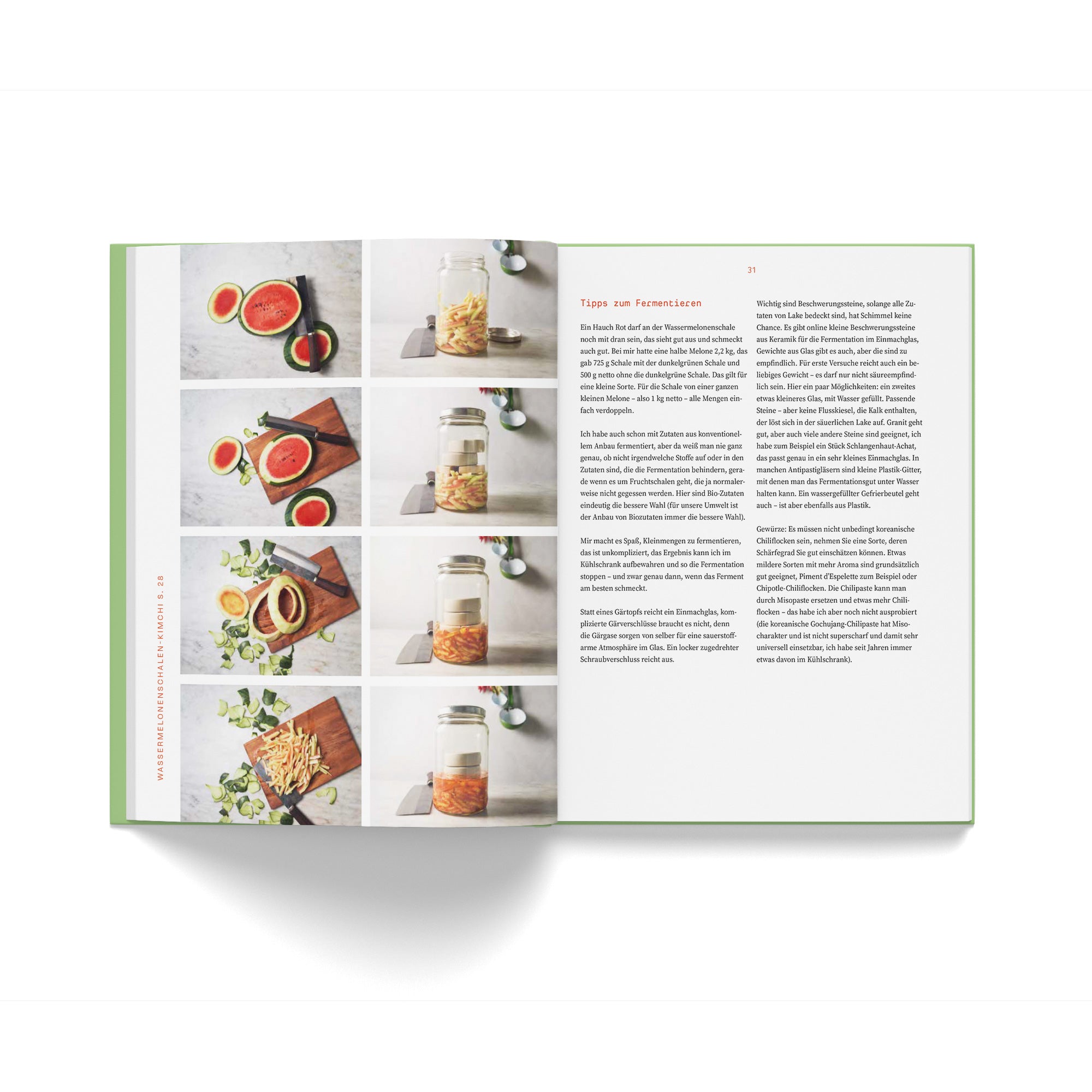 Aufgeschlagenes Rezeptbuch mit Abbildungen von Früchten und Gläsern auf der linken Seite und deutschem Text auf der rechten Seite.