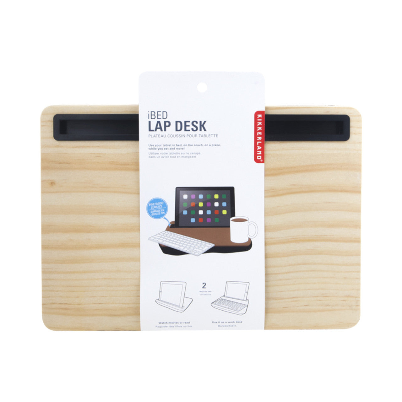 Die iBed Tablet-Knieablage aus Holz verfügt über einen Tablet-Steckplatz und wird in einer Verpackung mit Produktdetails und Anwendungsbildern angezeigt.