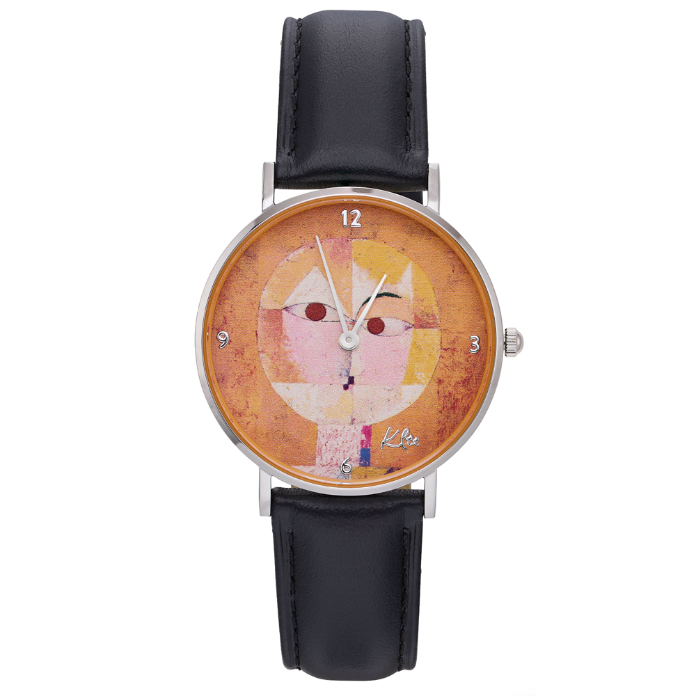 Künstler-Armbanduhr „Paul Klee – Baldgreis“ mit schwarzem Lederarmband und abstraktem Zifferblatt in warmen Tönen.