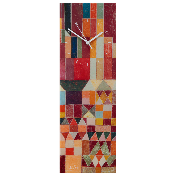 Rechteckige Wanduhr, Paul Klee: Wanduhr „Burg und Sonne“ mit farbenfrohen geometrischen Mustern, inspiriert von der abstrakten Kunst Paul Klees.