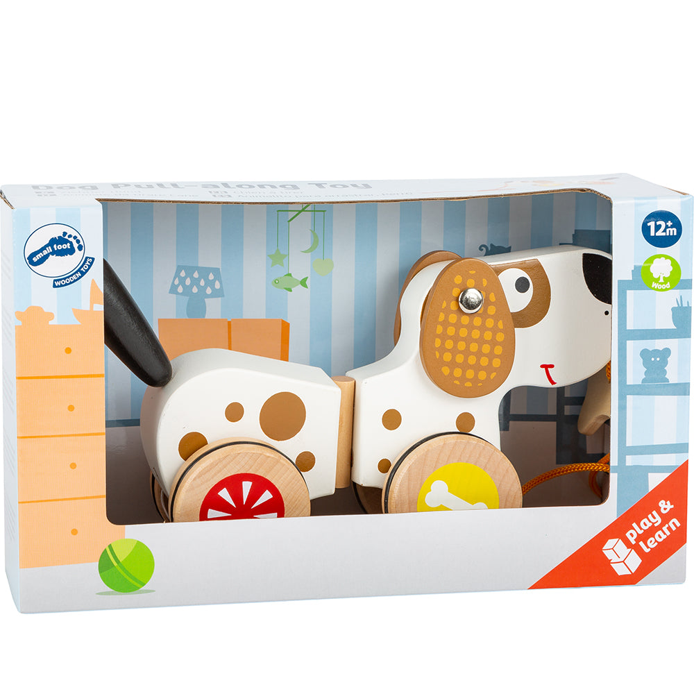 Nachziehtier Hund: Nachziehspielzeug aus Holz mit Punkten, in einer bunten Play & Learn-Box. Geeignet für Kinder ab 12 Monaten.