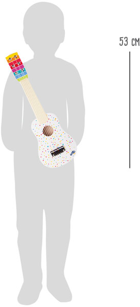Abbildung eines Kindes, das die Spielzeuggitarre „Gitarre Sound“ mit bunten Punkten hält, deren Länge mit 53 cm angegeben ist.