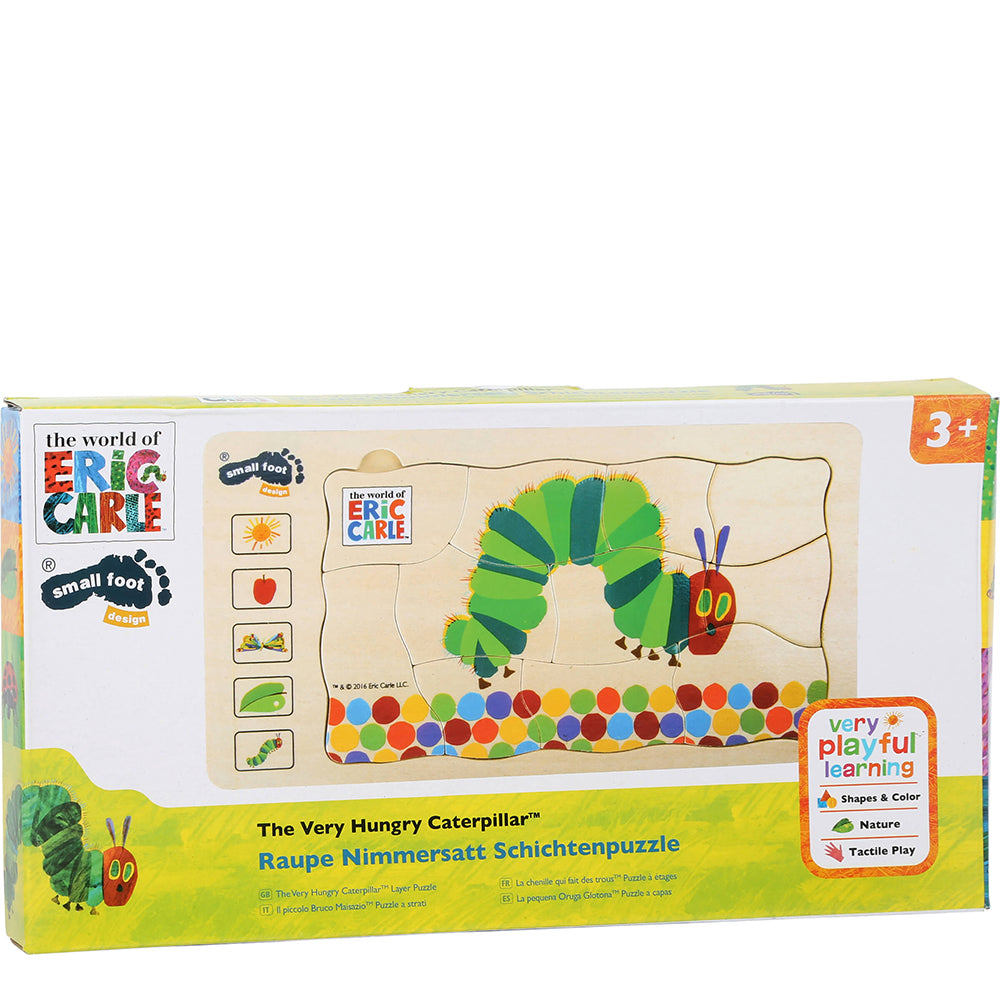 Schachtel mit Raupe Nimmersatt Schichtenpuzzle, einem Holzpuzzle für Kinder ab 3 Jahren mit einer farbenfrohen Raupenillustration.
