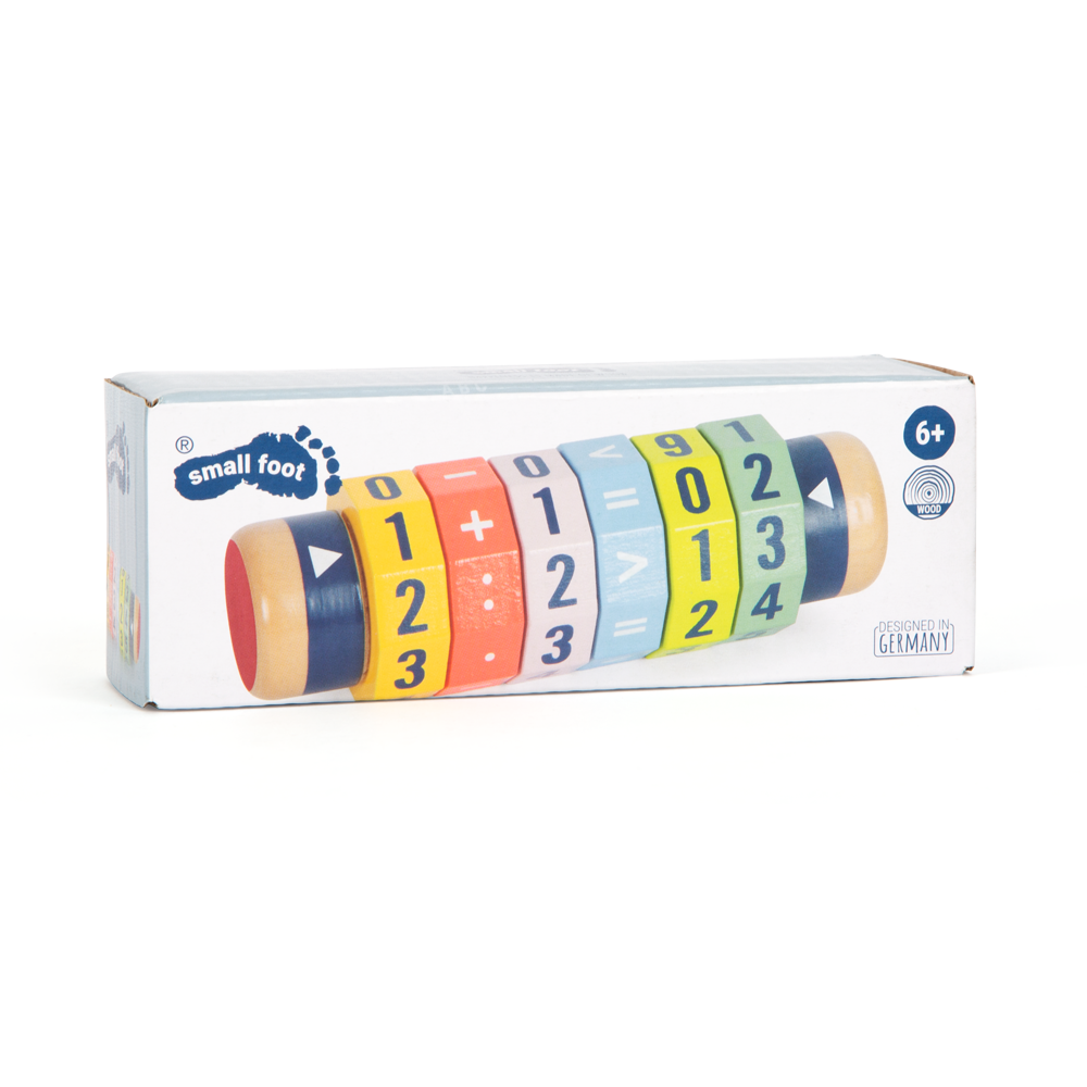 Box mit der Rechenrolle Kleines 1x1 „Educate“ Mathematik-Lernspielzeug mit bunten Drehringen mit Zahlen und Symbolen, geeignet für Kinder ab 6 Jahren.