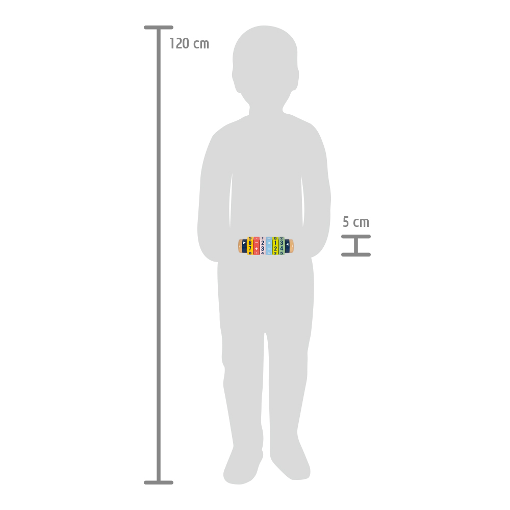 Silhouette eines 120 cm großen Kindes, das die Rechenrolle Kleines 1x1 „Educate“, einen 5 cm langen Spielzeugzylinder, waagerecht in beiden Händen hält.