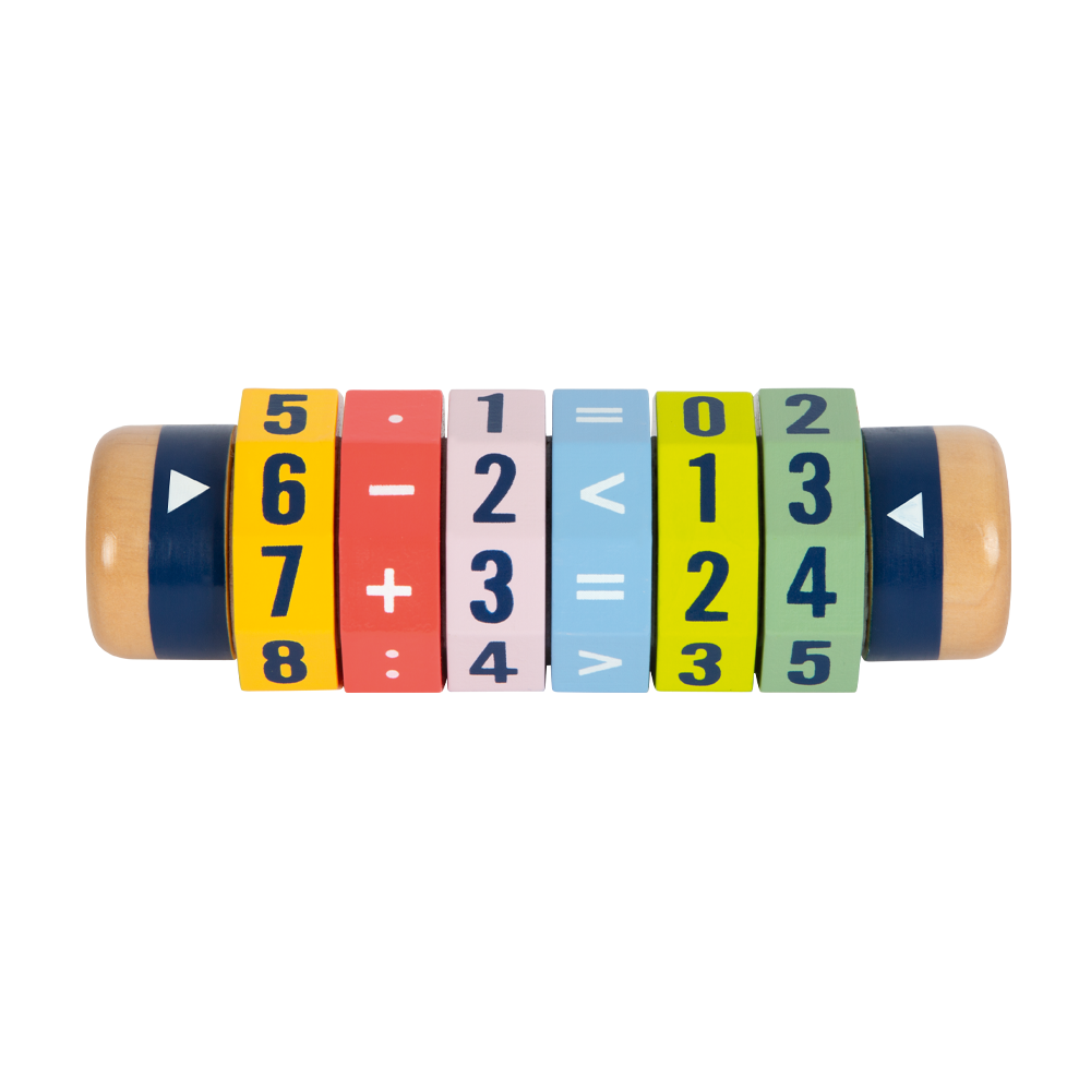 Die Rechenrolle Kleines 1x1 „Educate“ ist ein hölzerner Mathematik-Puzzle-Zylinder mit drehbaren Zifferblättern für Zahlen und Symbole, mit denen Kinder Gleichungen und Antworten lösen und anzeigen können.