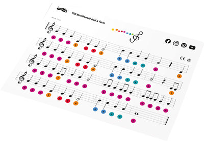 Die Xylophon-Noten „Sound“ für „Old MacDonald Had a Farm“ haben farbige Punkte auf den Noten, perfekt zum Lernen oder Lehren.
