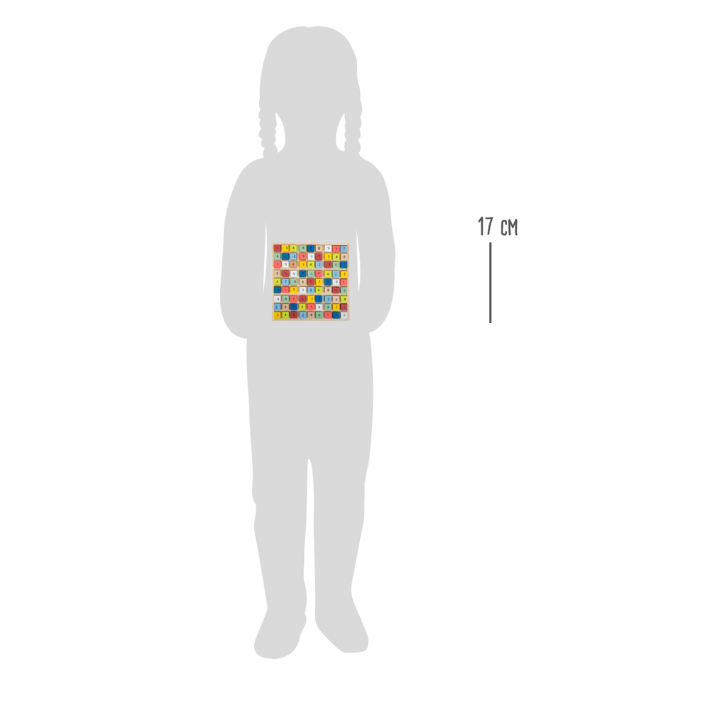 Silhouette eines Kindes, das das Bunte Sudoku „Educate“ hält, ein buntes rechteckiges Objekt mit einer Höhe von 17 cm.