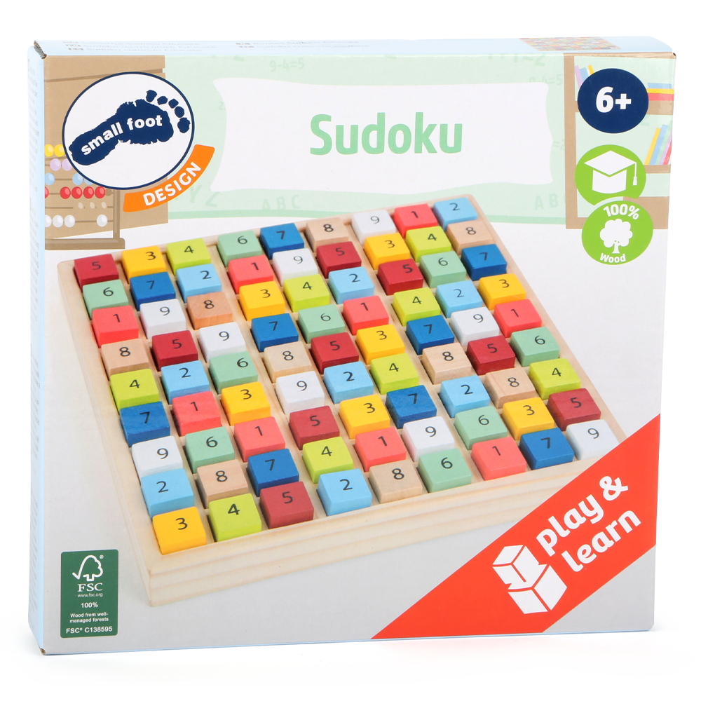 Das Buntes Sudoku „Educate“ ist ein farbenfrohes Sudoku-Spiel aus Holz für Kinder ab 6 Jahren mit nummerierten Blöcken in einer Play & Learn-Box.