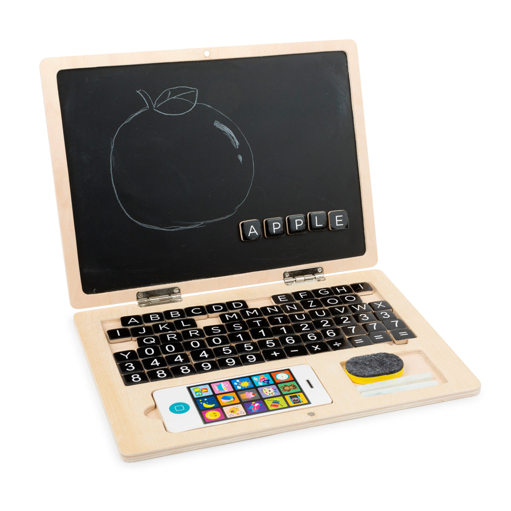 Holz-Laptop mit Magnet-Tafel: Holzspielzeug-Laptop mit magnetischer Tafel, Tastatur und Spielzeug-Handy.