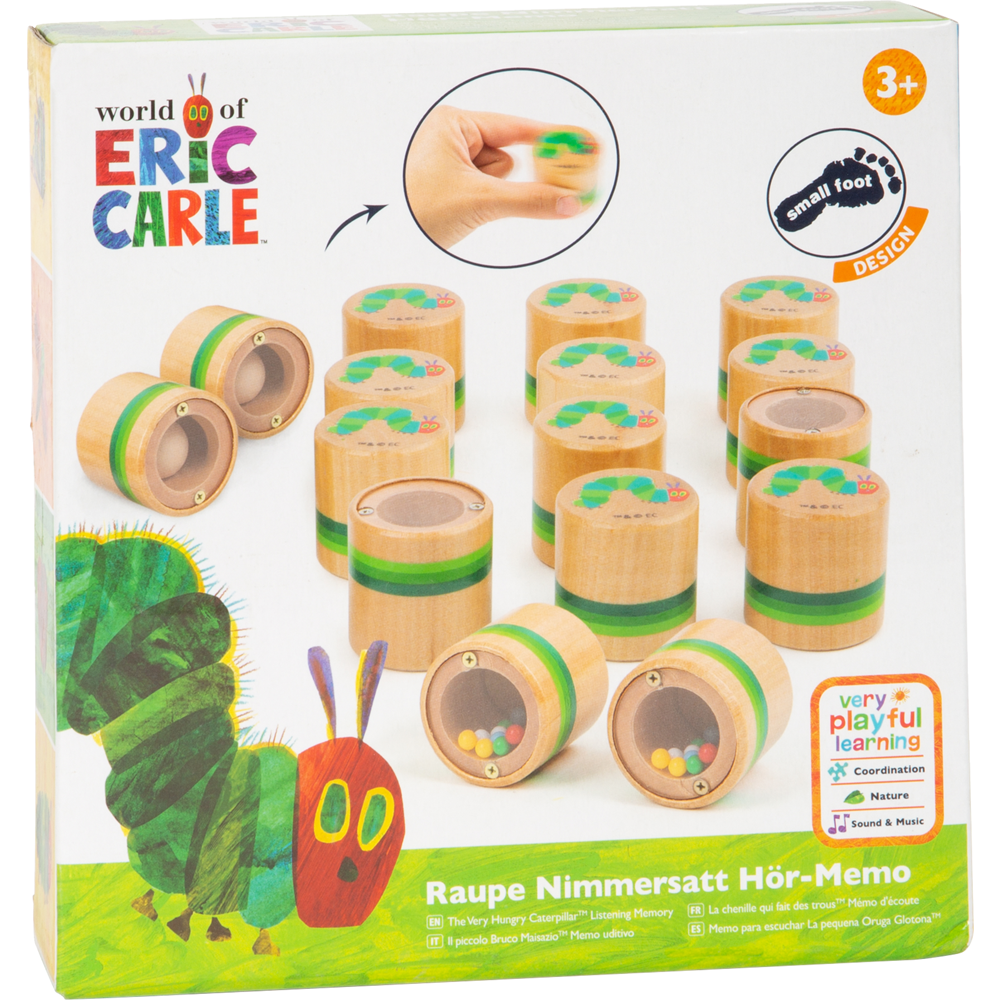 Schachtel Raupe Nimmersatt Hör-Memo, ein Memory-Spiel mit Holzteilen mit grünen Illustrationen und Perlen, inspiriert vom klassischen Raupenthema.