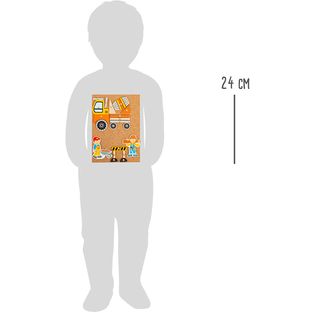 Graue Kindersilhouette, 24 cm groß, hält die Hämmerchenspiel Baustelle-Porkplatte mit Bausteinen.