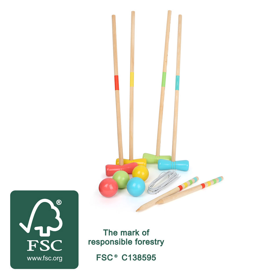 Krocket „Active“ – farbenfrohes Krocket-Set aus Holz mit Schlägern, Bällen und Pfählen, abgebildet neben einem FSC-zertifizierten Logo.