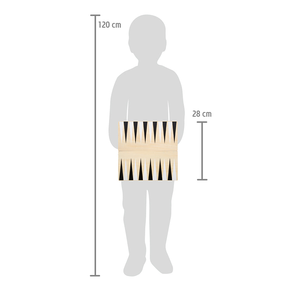 Silhouette eines 120 cm großen Kindes, das das 28 cm breite Schach und Backgammon-Spielbrett „Gold Edition“ vor der Brust hält.