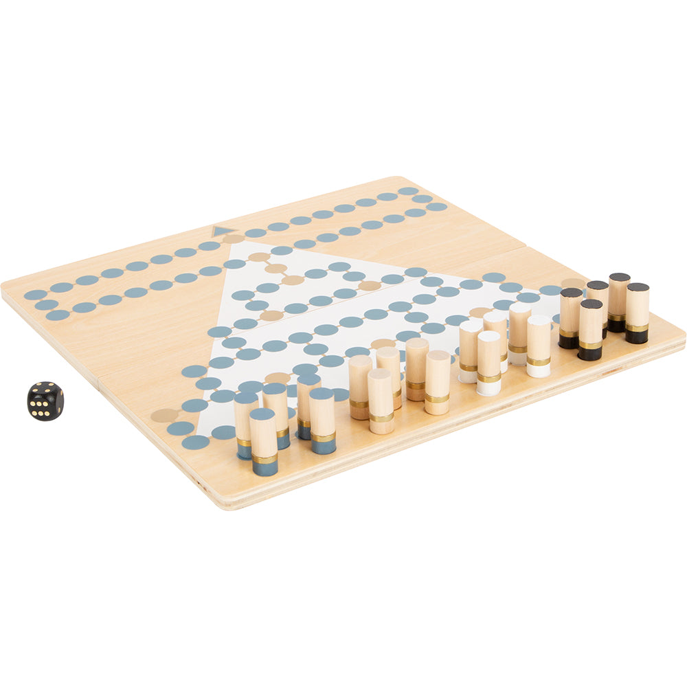Barrikade und Halma „Gold Edition“: Brettspiel aus Holz mit farbigen Stiften im Dreiecksdesign und einem schwarzen Würfel an der Seite.