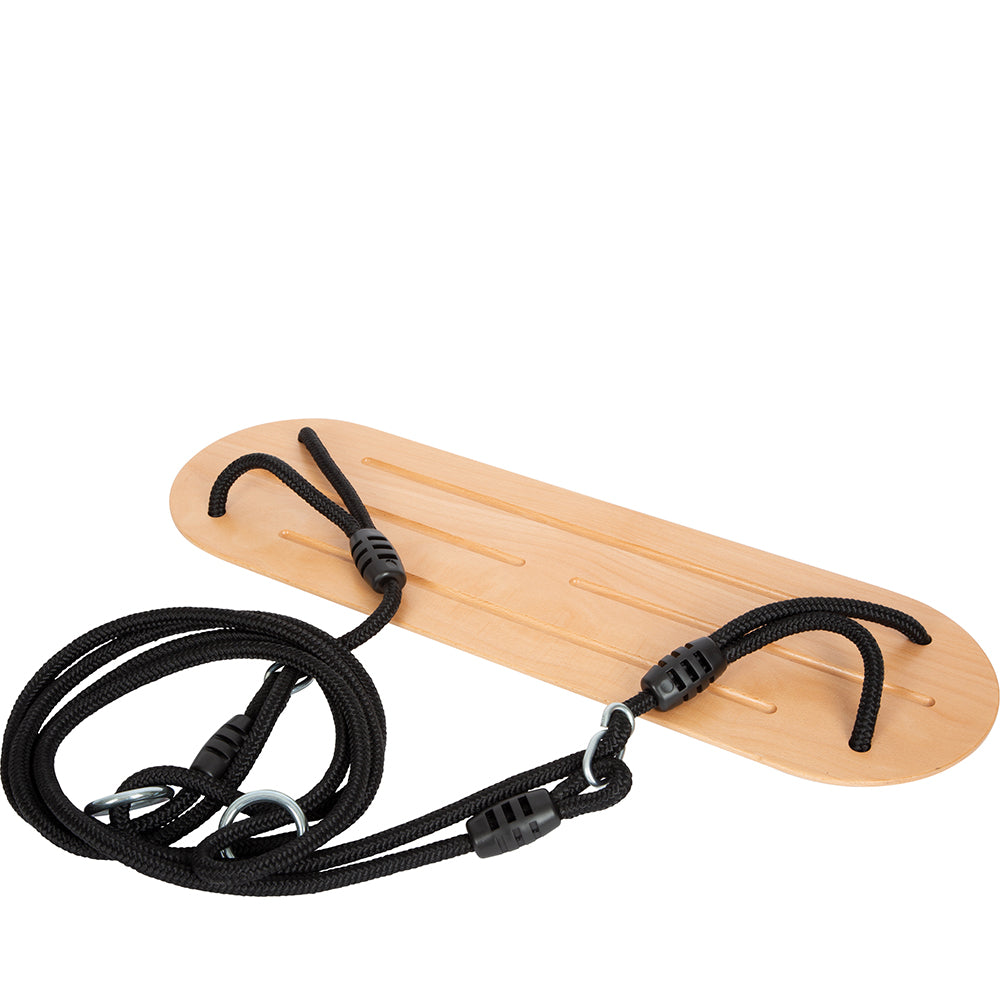Brettschaukel XL „Black Line“: Holzschaukelsitz mit zwei schwarzen Seilen, fertig zum Aufhängen.