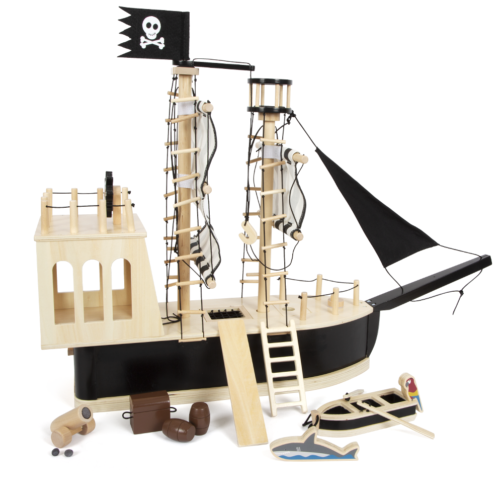 Das Piratenschiff ist ein hölzernes Spielzeug-Piratenschiff mit schwarzen Segeln, einer Totenkopfflagge, Leitern, Kanonen und Piratenzubehör.