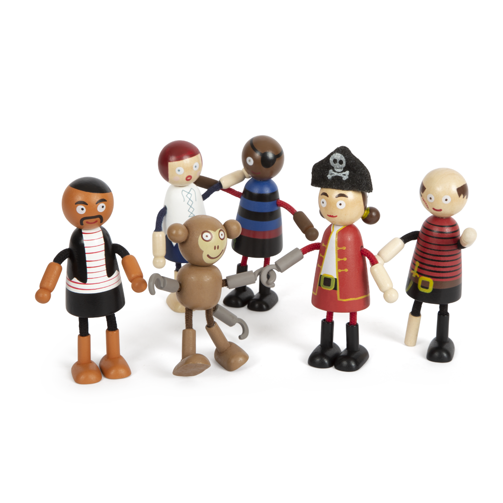 Sechs Biegepuppen Piraten Figuren – bunte Holzspielzeugfiguren wie ein Pirat und ein Affe – stehen zusammen.