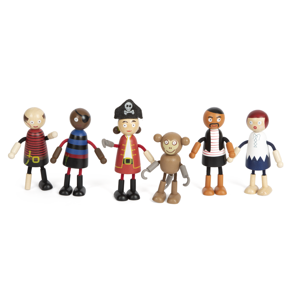Sechs Biegepuppen Piraten Figuren Holzspielzeugfiguren, darunter ein Pirat, ein Affe und Kinder, stehen in einer Reihe vor einem weißen Hintergrund.