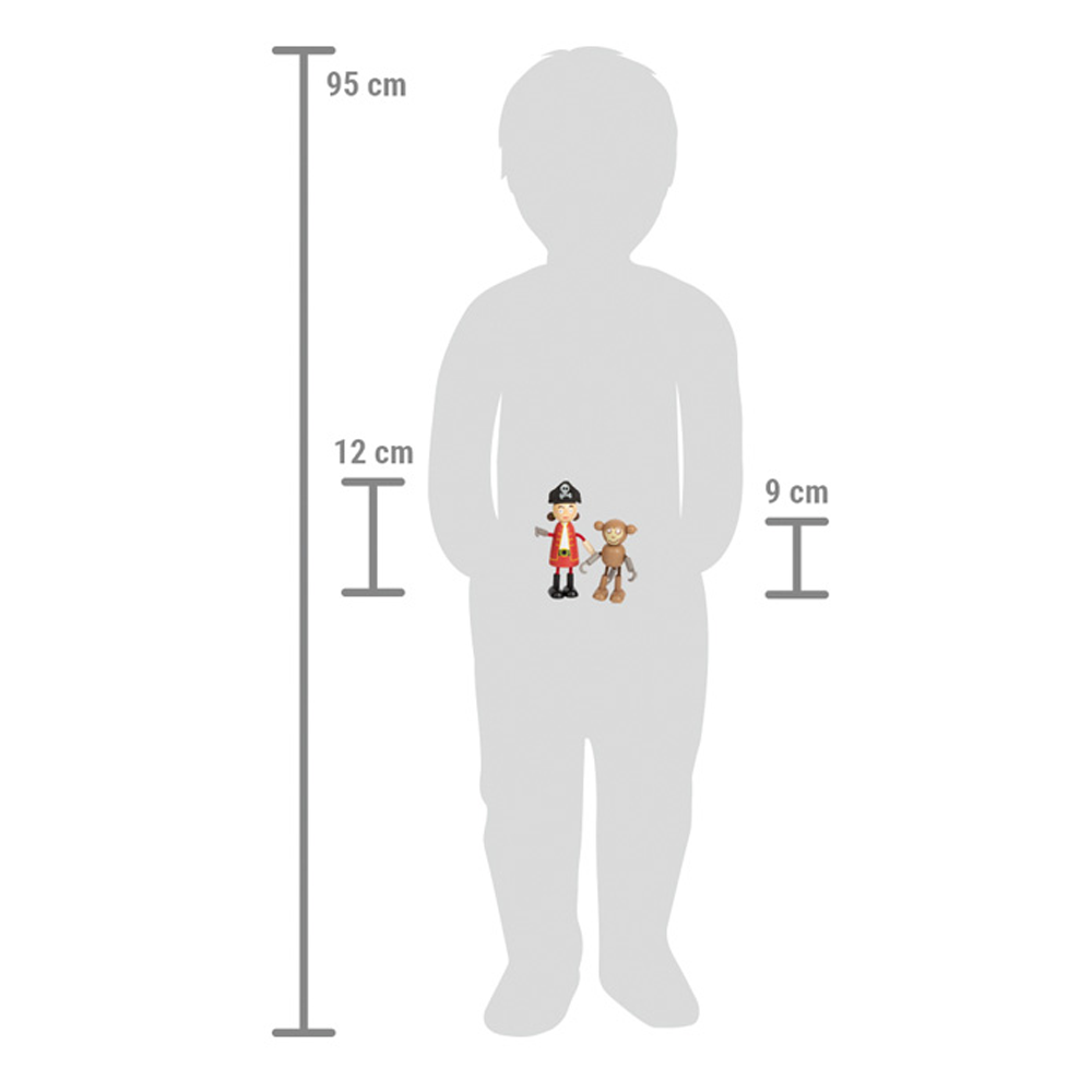 Ein 95 cm großes Kind hält Biegepuppen-Piratenfiguren: einen 12 cm großen Piraten und einen 9 cm großen Affen.