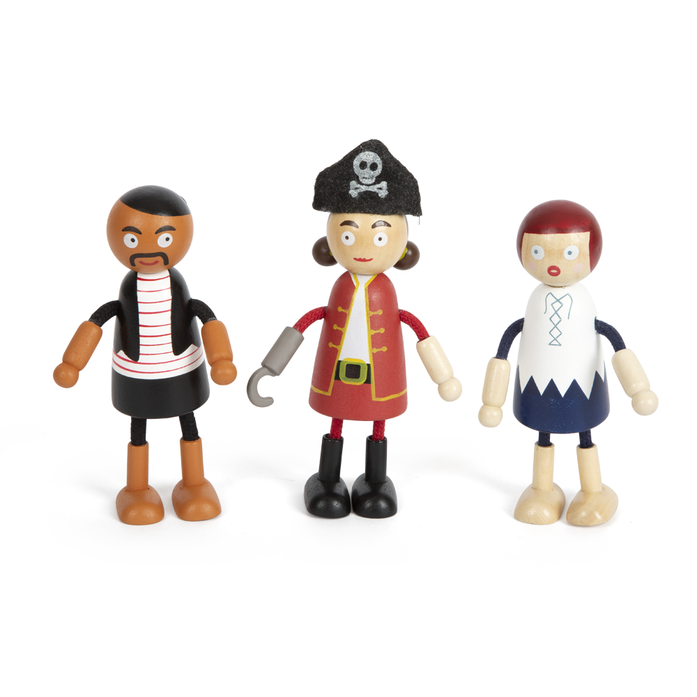 Das Biegepuppen Piraten Figuren-Set enthält drei Holzspielzeugfiguren – einen Mann, einen Piraten und eine Frau – mit bemalter Kleidung und Gesichtsdetails.