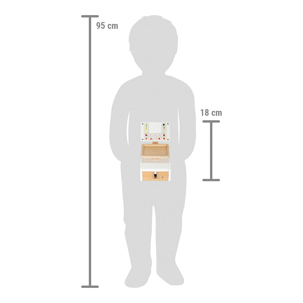 Silhouette eines 95 cm großen Kindes, das die 18 cm hohe Waage „fresh“ hält.