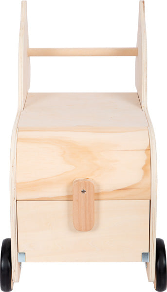 Die Spielzeugkiste mit Rollen Zebra „Wildlife“ ist ein Spielzeugwagen aus Holz mit schwarzen Rädern und einem Griff, von vorne abgebildet.