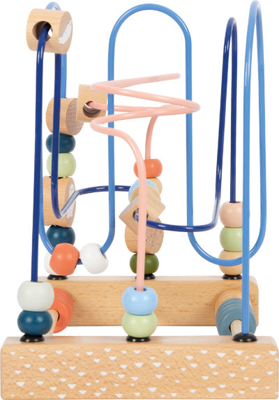 Die Motorikschleife „Arctic“ ist ein farbenfrohes Holzperlen-Labyrinth mit Perlen auf gewundenen blauen und rosa Drahtbahnen über einem stabilen Holzsockel.