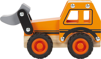 Bagger Holzspielzeug-Ladewagen in Orange mit schwarzen Rädern und einer grauen Schaufel, von der Seite abgebildet.
