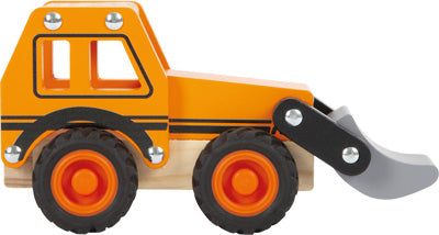Der Bagger ist ein Spielzeug-Bulldozer aus Holz mit orangefarbener Karosserie, schwarzen Streifen und vier schwarzen Rädern (siehe Seitenansicht).