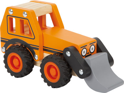 Der Bagger ist ein orangefarbener Spielzeug-Bulldozer mit schwarzen Rädern, einer grauen Schaufel und einem Cartoon-Gesicht auf der Vorderseite.