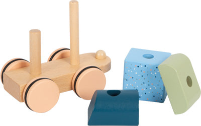 Holzzug „Arctic“ – Holzspielzeugeisenbahn mit zwei Stiften und vier bunten geometrischen Blöcken.