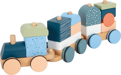 Der Holzzug „Arctic“ ist eine hölzerne Spielzeugeisenbahn, deren Waggons mit bunten, geometrischen Blöcken gestapelt sind und die vor einem weißen Hintergrund präsentiert werden.