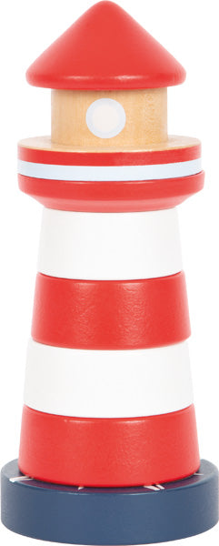 Der Stapelturm Leuchtturm Großer Ozean ist ein rot-weiß gestreifter Spielzeug-Leuchtturm mit blauem Sockel und rundem weißen Fenster.
