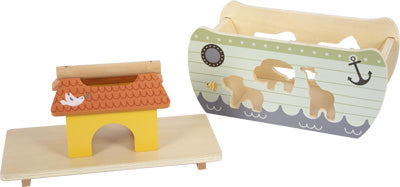 Das Steckspiel Arche Noah „Safari“ ist ein Holzspielzeug der Arche Noah mit Tierausschnitten und einem kleinen gelben Haus auf einem stabilen Holzsockel.