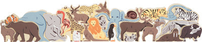Illustration aus Buchstabenpuzzle Tiere mit einem Bären, einem Elefanten, einem Löwen, einem Hirschen, einem Zebra und einer Giraffe, die zusammen gruppiert sind.