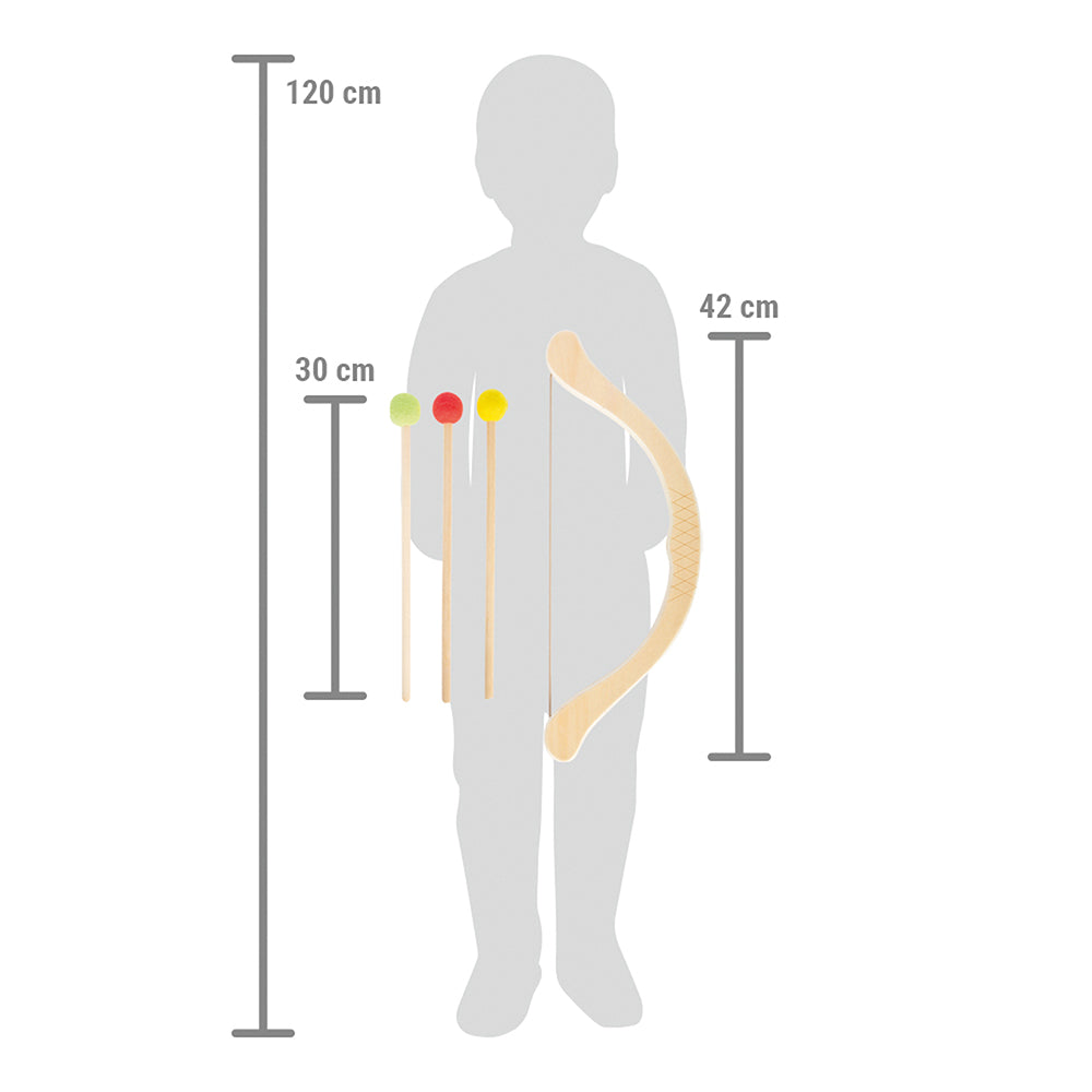Silhouette eines Kindes mit den beschrifteten Maßangaben für Pfeil und Bogen „Active“ (42 cm) und Pfeile (30 cm) neben einer 120 cm großen Größenskala.