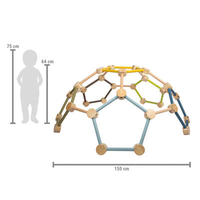 Die Kletterkuppel „Adventure“ ist neben einer Kindersilhouette mit Höhenmarkierungen abgebildet, die Kuppel misst 150 cm im Durchmesser.