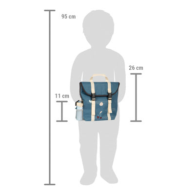 Eine Kindersilhouette mit dem Picknickrucksack „Tasty“ (blau) und einer Trinkflasche, mit den Maßen: Kind 95cm groß, Rucksack 26cm, Flasche 11cm.