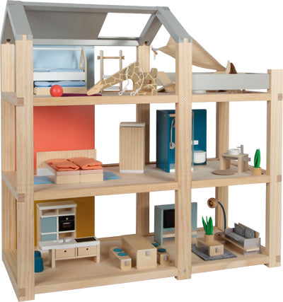Das Puppenhaus Natur mit Möbeln verfügt über drei komplett eingerichtete Etagen, moderne Möbel, Zubehör und ein offenes Dach zum einfachen Spielen.